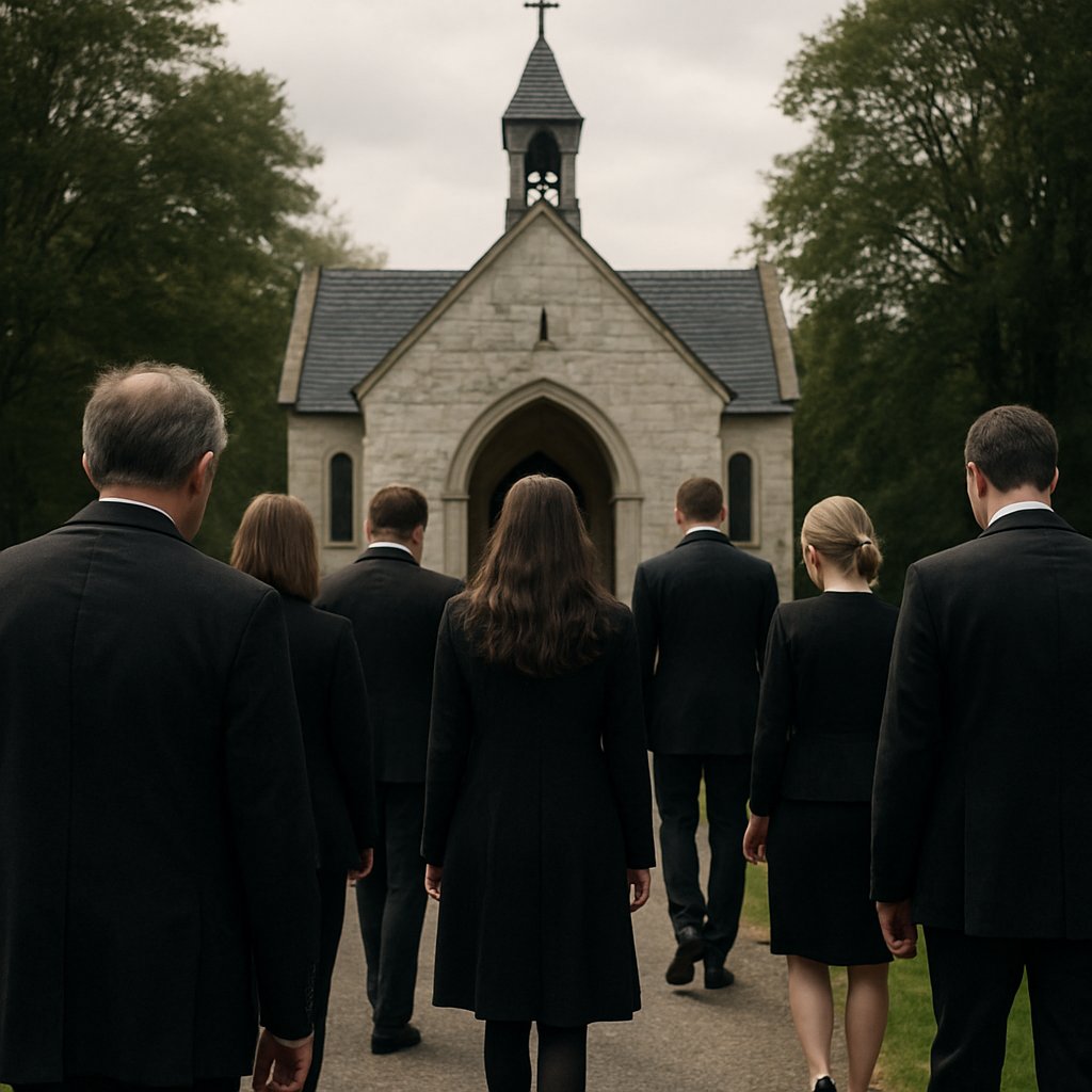 Mourners walking slowly together in a funeral procession toward a chapel