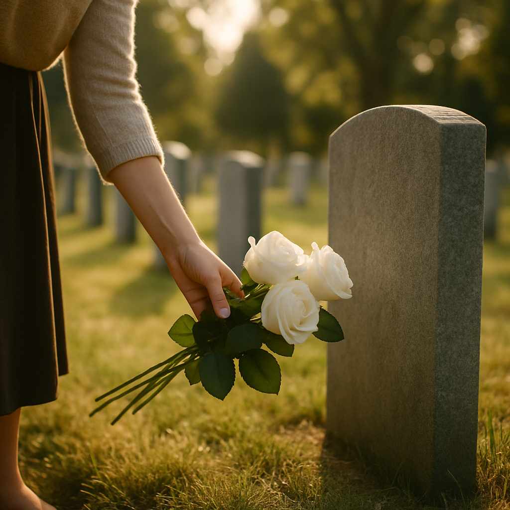 Woman gently placing white roses beside a headstone in a memorial garden