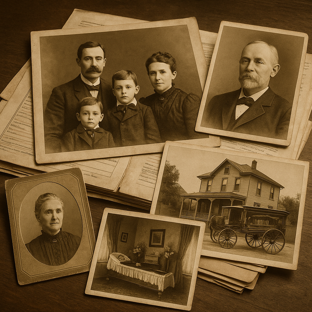 Sepia-toned vintage photographs of a funeral home's founding era