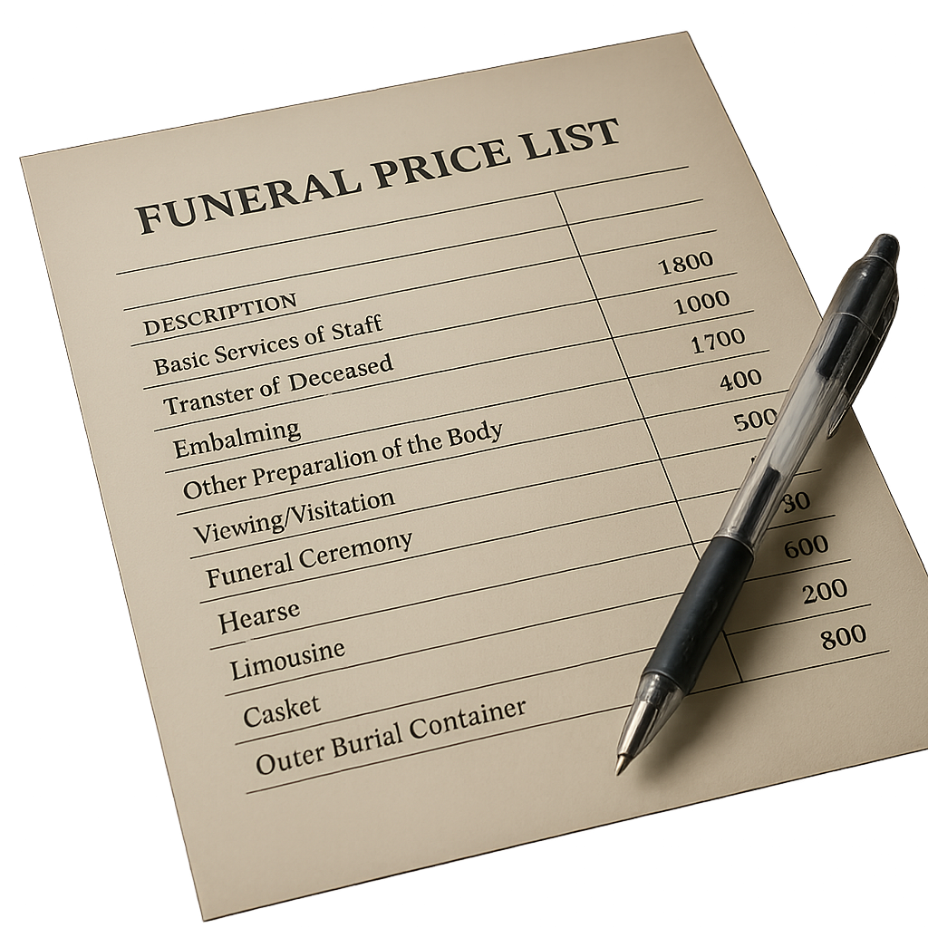 Itemized funeral price list and pen on a dark wooden desk
