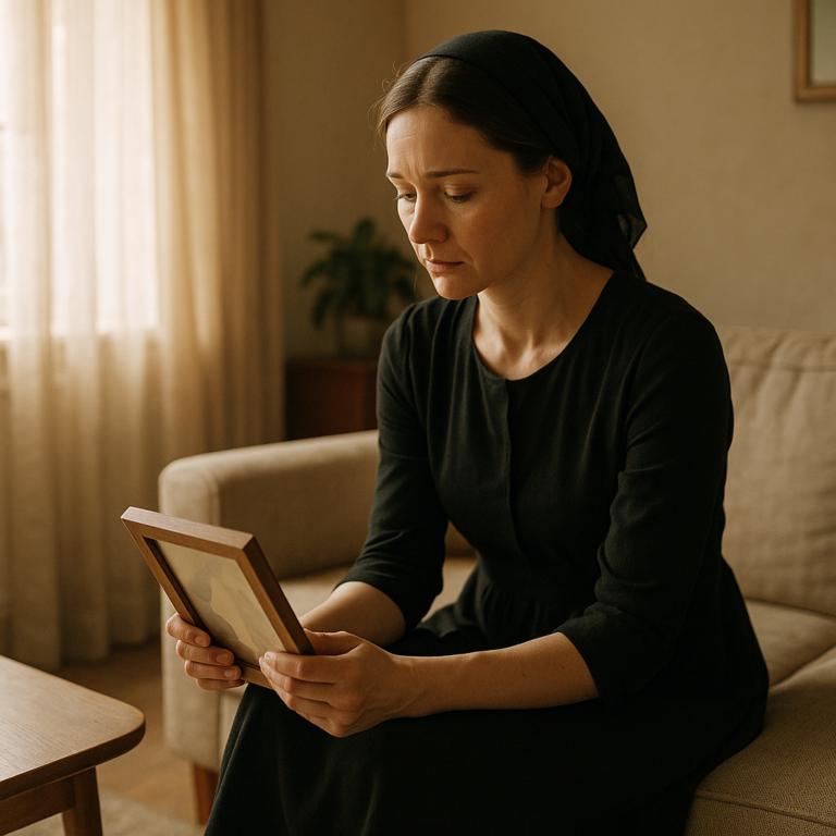Grieving widow holding a framed photo in a sunlit living room