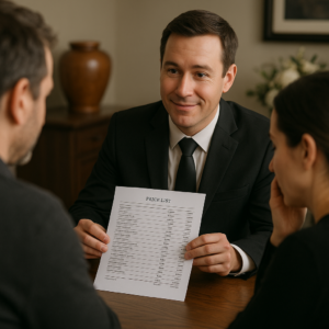 Funeral director showing an itemized price list to a family