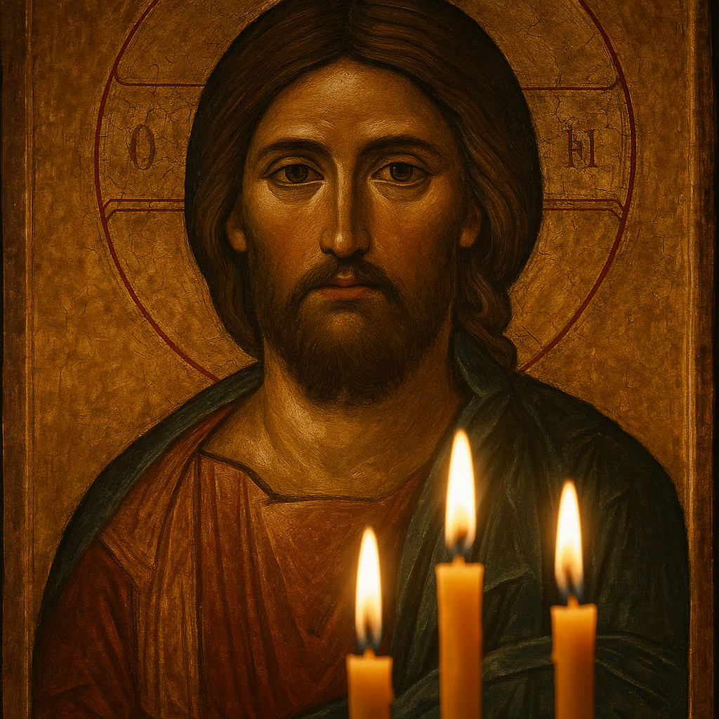 Icon of Christ Pantocrator with burning candles in front