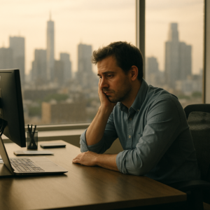Person sitting pensive at an office desk by a window
