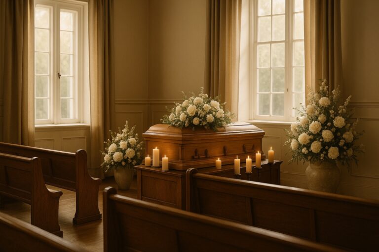 Candles glowing softly at a memorial service chapel, peaceful and dignified atmosphere