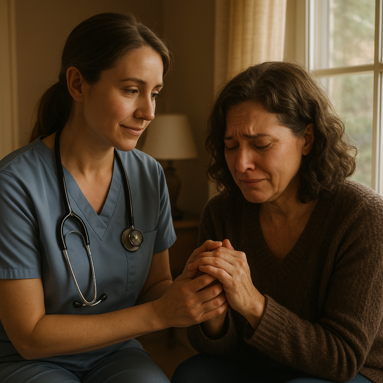 Compassionate hospice nurse holding a grieving family member's hand