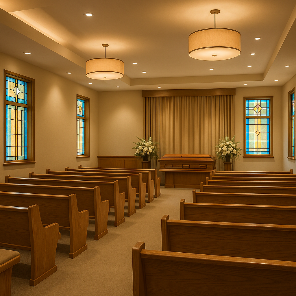 Welcoming modern funeral home chapel interior with wooden seating