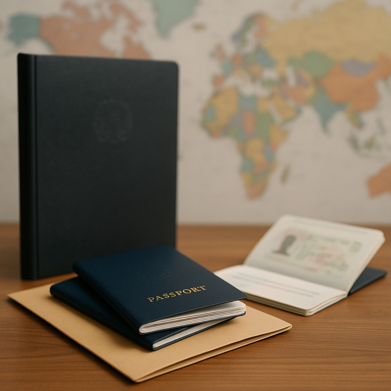 Travel documents, passports, and official folder on a desk