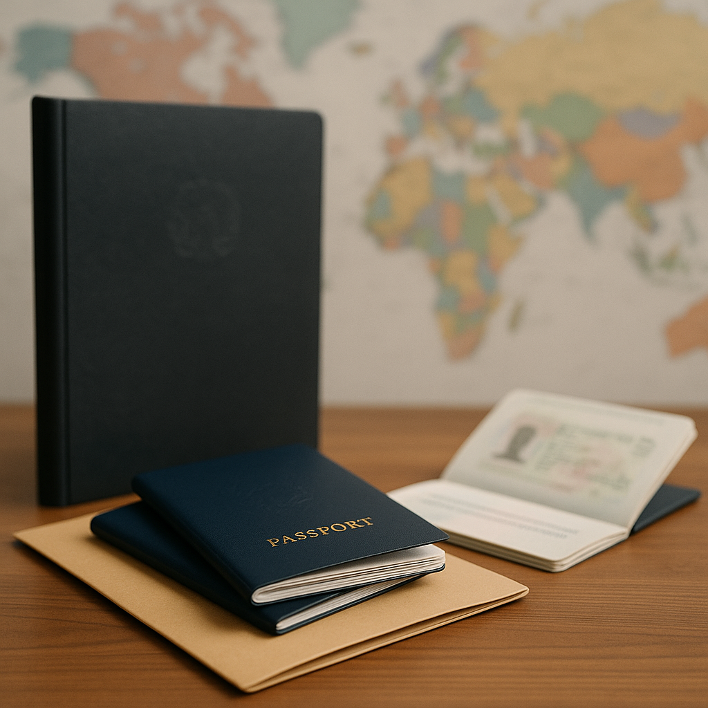 Travel documents, passports, and official folder on a desk