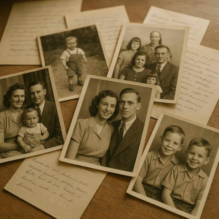 Vintage family photographs spread on a table with handwritten notes