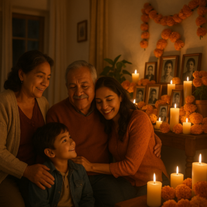 Mexican family home memorial altar with marigolds, candles, and photographs
