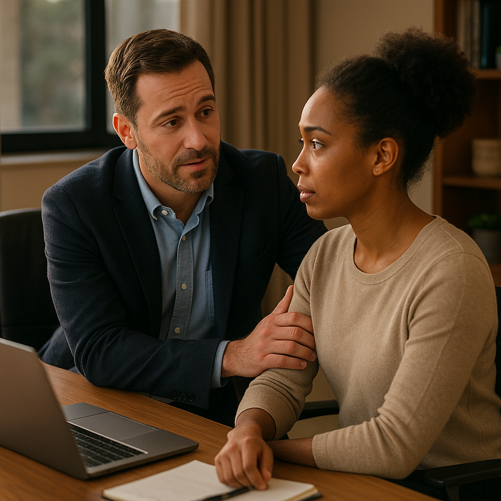 Manager speaking empathetically with an employee in a private office
