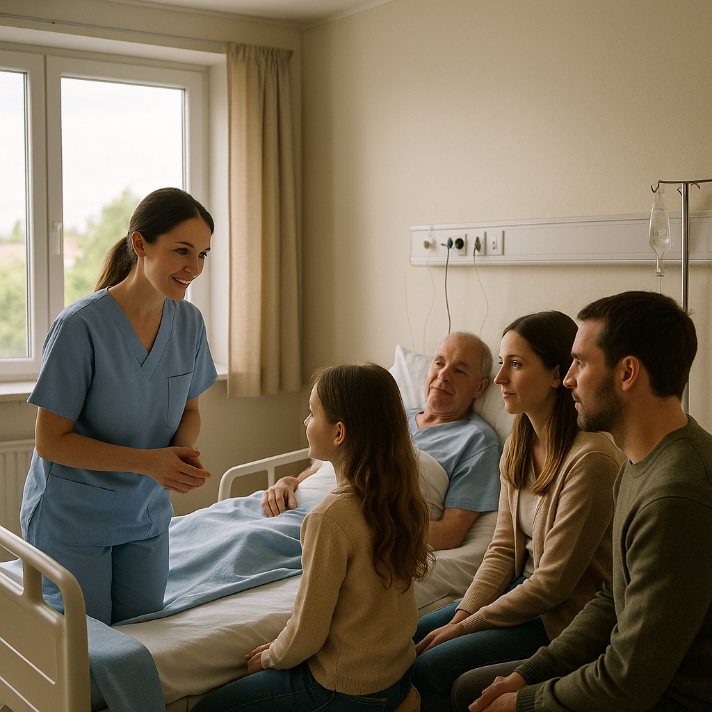 Quiet hospital room with a kind nurse speaking gently with a family