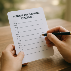 Hands holding a pen over a printed funeral pre-planning checklist