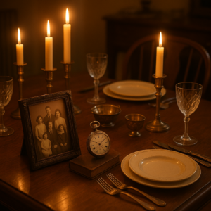 Elegant dining table with candles and family heirlooms for pre-planning