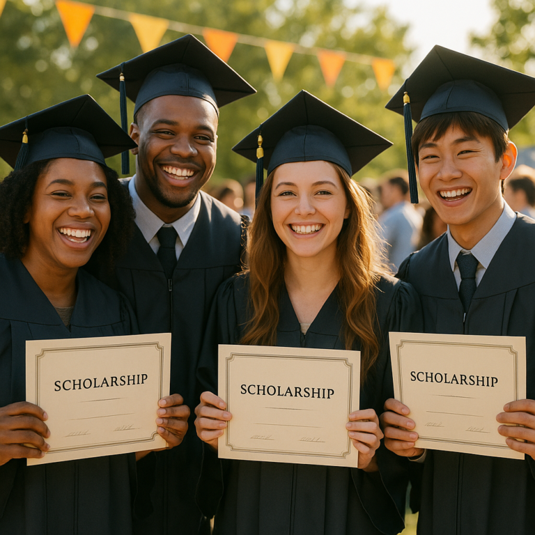 Graduating students in caps and gowns receiving scholarship certificates