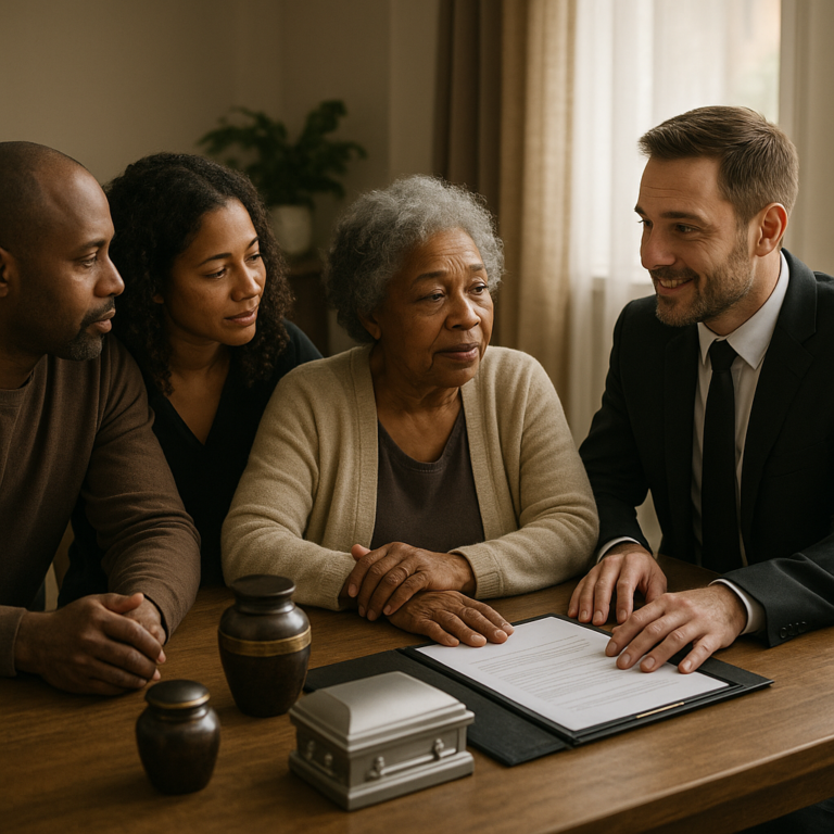 Family conversing with a funeral director about options at a consultation table