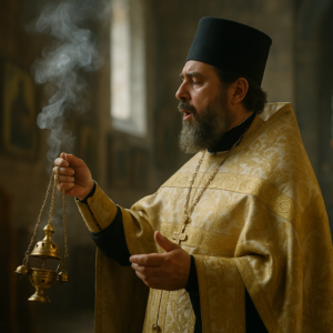 Orthodox priest chanting and swinging a censer with incense