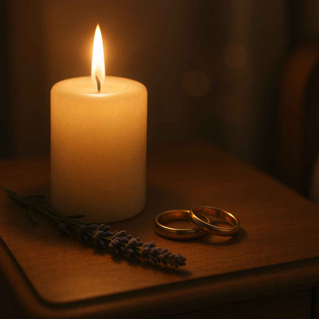 Candle glowing beside wedding rings and lavender