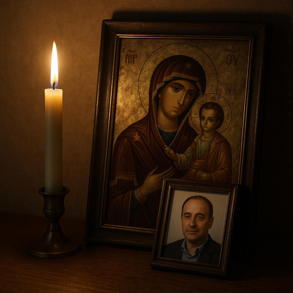 Forty-day memorial candle beside an icon of the Theotokos and photograph