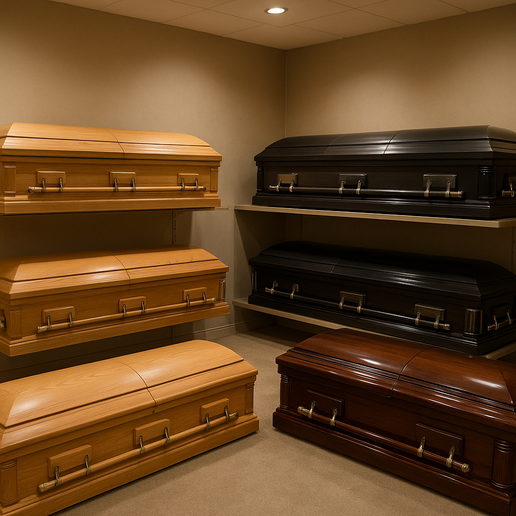 Casket showroom with several caskets on display