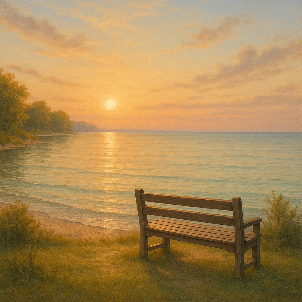 Lake Michigan lakeshore at golden hour for reflection