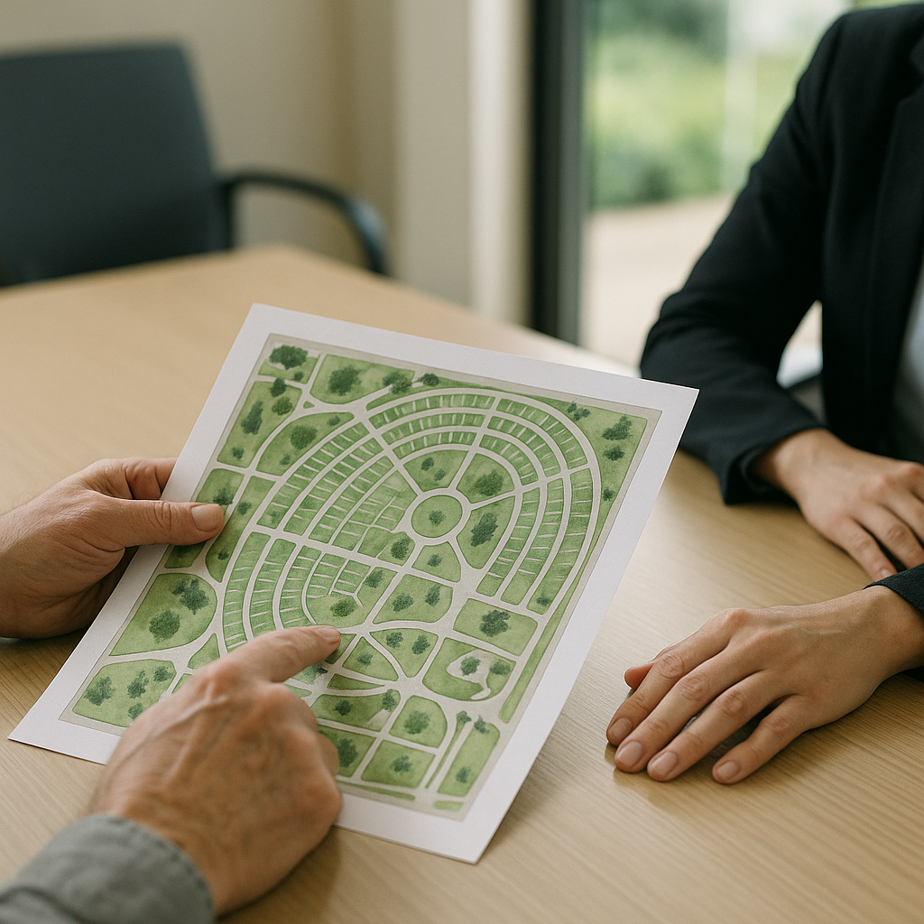 Hands comparing cemetery plot options at a graveside office