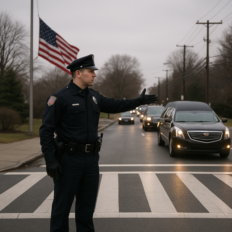 Police officer stopping traffic to let a funeral procession pass