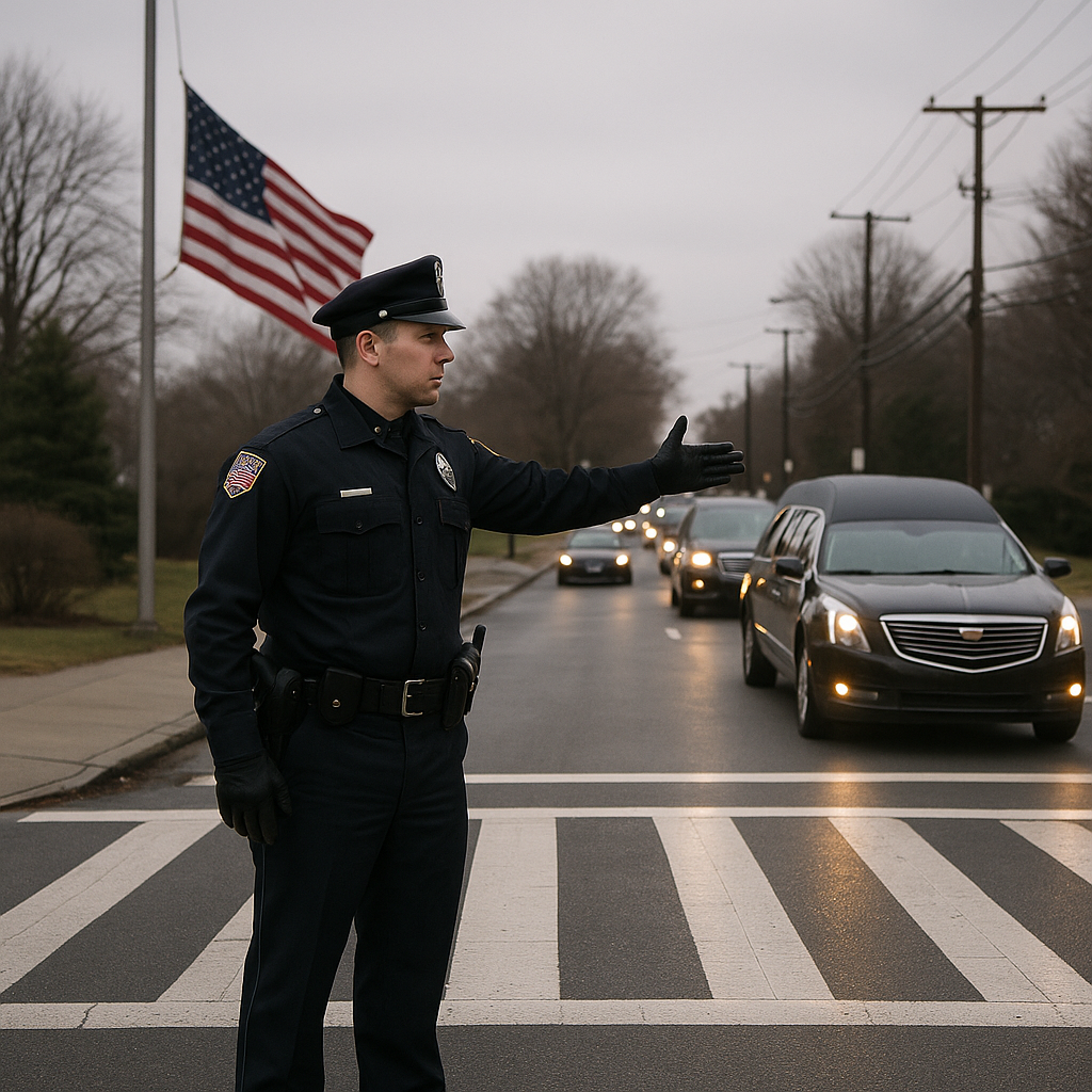 Police officer stopping traffic to let a funeral procession pass