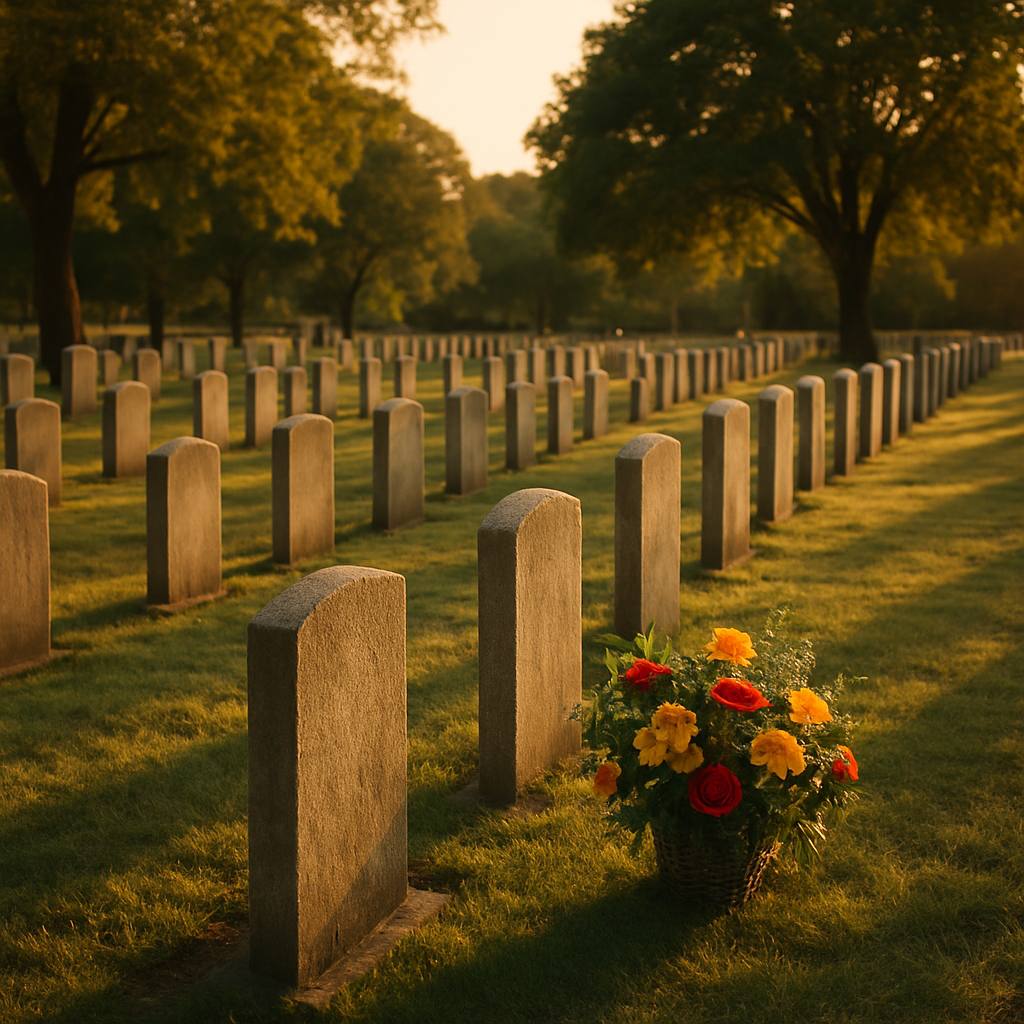 Peaceful cemetery at golden hour with east-facing headstones and flowers