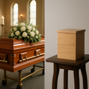 Divided image of an elegant casket in a chapel and a simple wooden urn