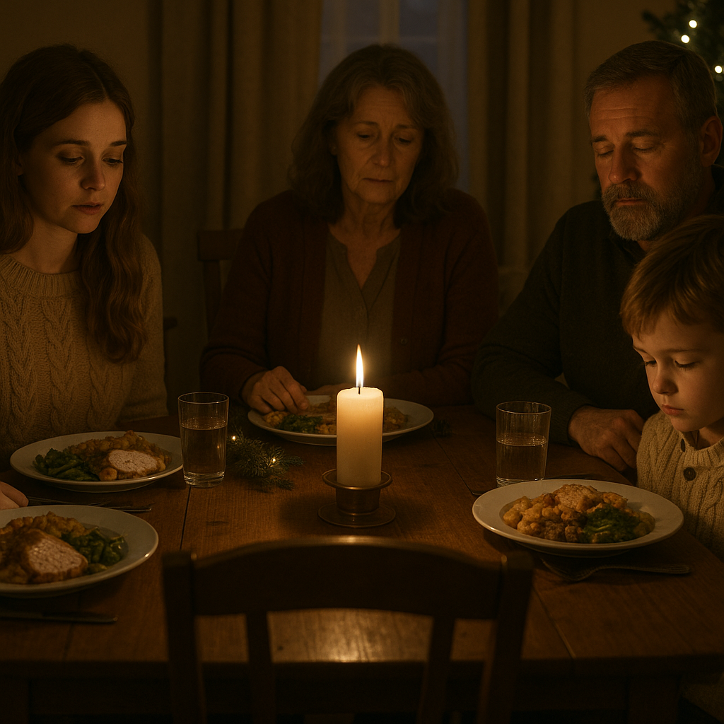 Family gathering around a dining table with an empty chair and lit candle